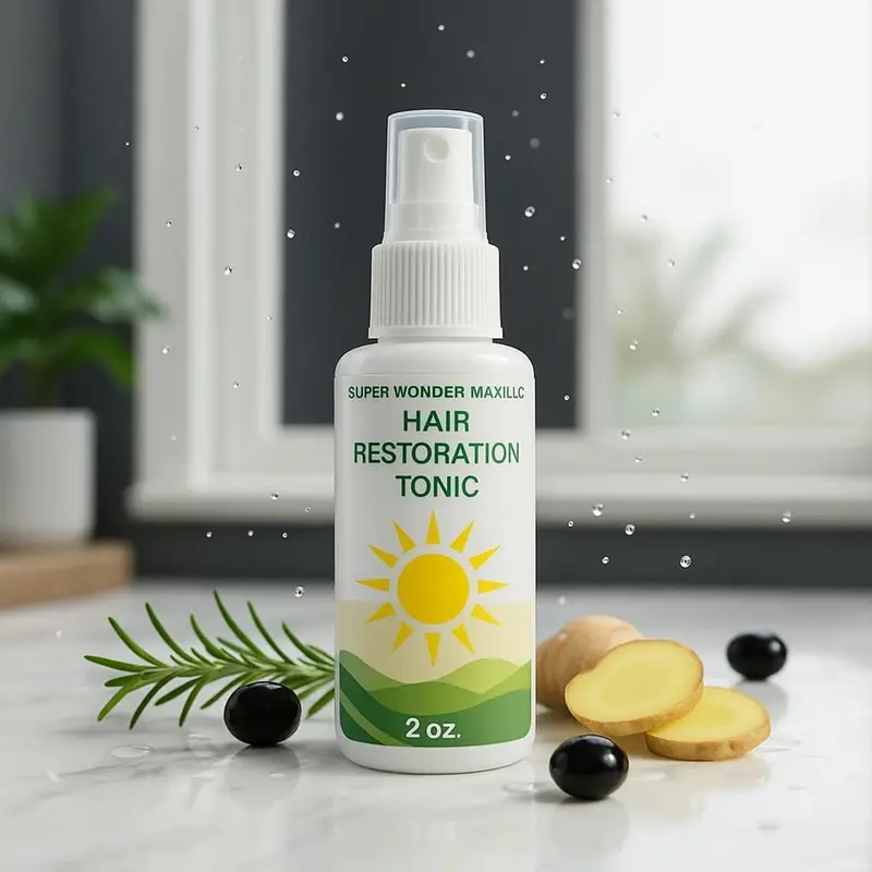 The 2 oz Super Wonder Max Hair Restoration Tonic beside rosemary and olives